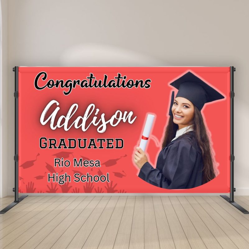 Custom graduation backdrop banner with graduate photo and school details