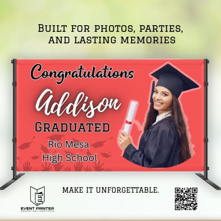 Custom graduation backdrop banner with graduate photo and school details