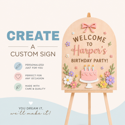 Custom kids birthday welcome sign with personalized party design displayed on easel for birthday celebration decor