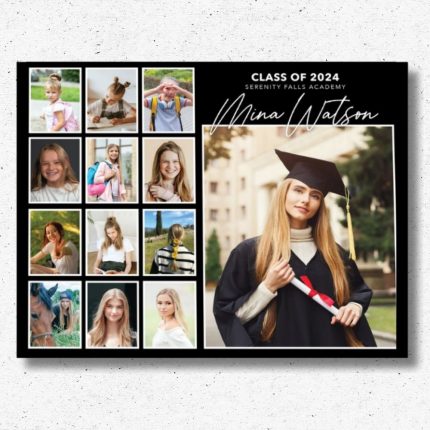 Graduation photo collage board with senior and childhood photos