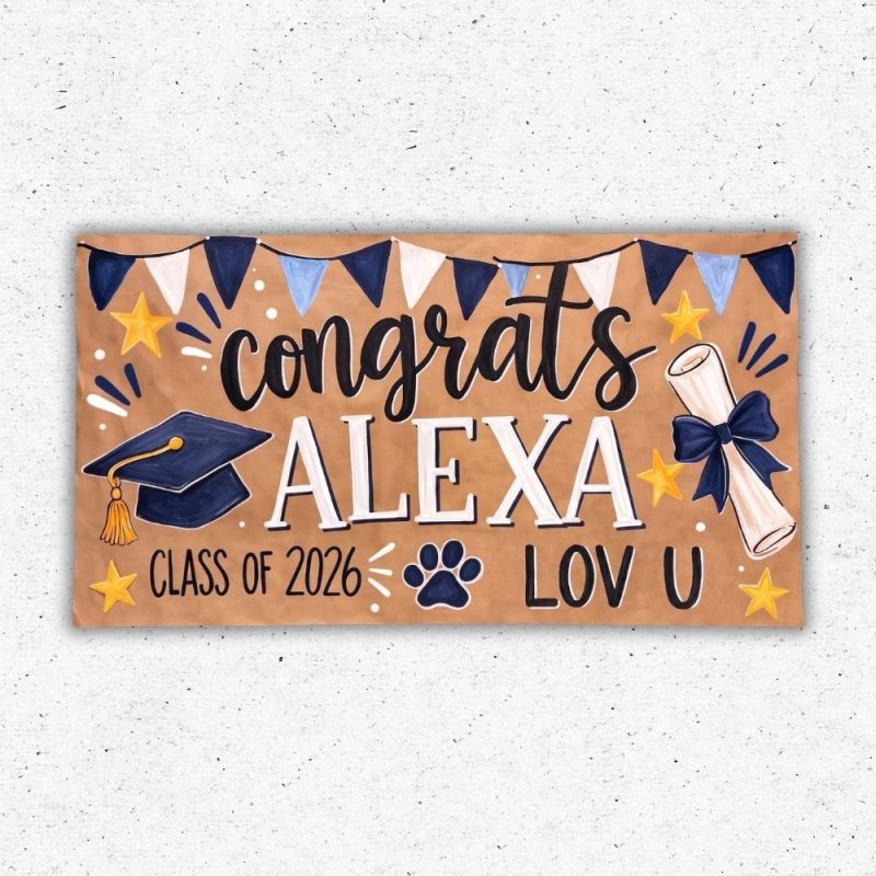 Custom graduation congrats banner with graduation year and festive graphics