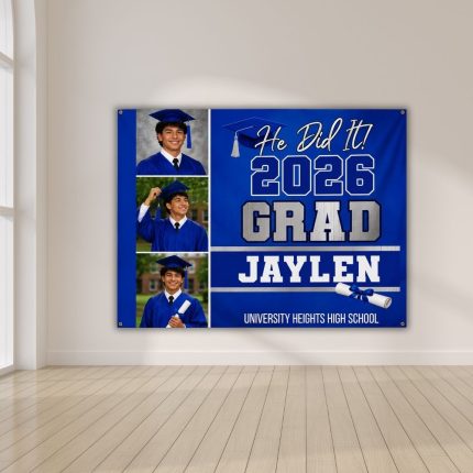 Custom graduation photo celebration banner with senior portraits and graduation year