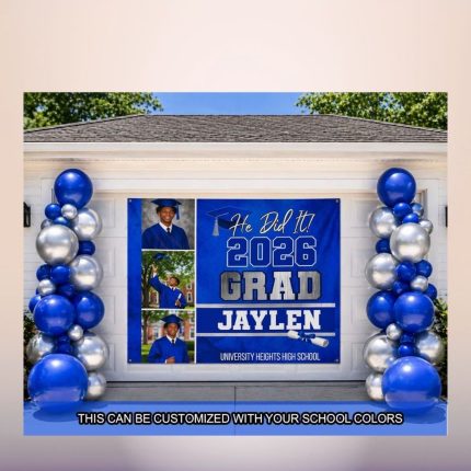 Custom graduation photo celebration banner with senior portraits and graduation year