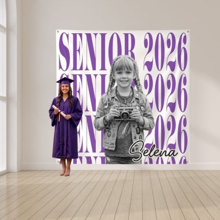 Custom senior photo banner with childhood and graduation photos