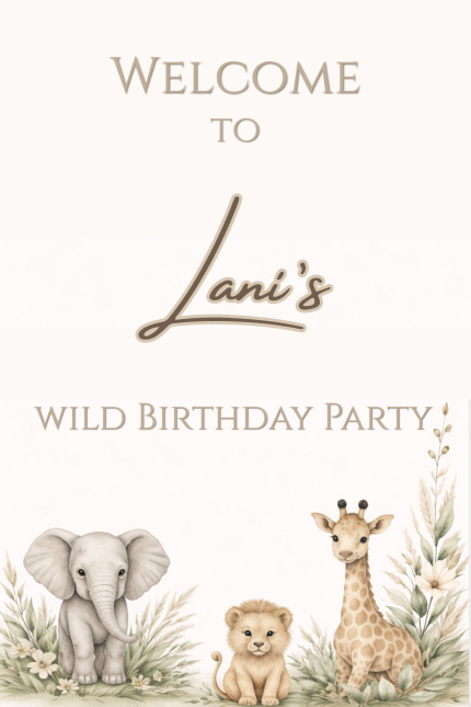 Wild birthday party welcome sign with safari animal watercolor artwork