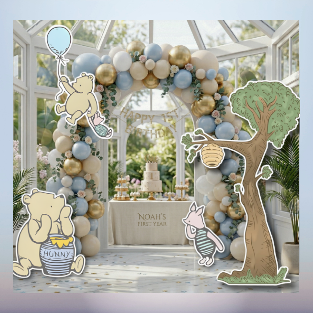 Winnie the Pooh First Birthday Backdrop with Balloon Arch and Character Cutouts