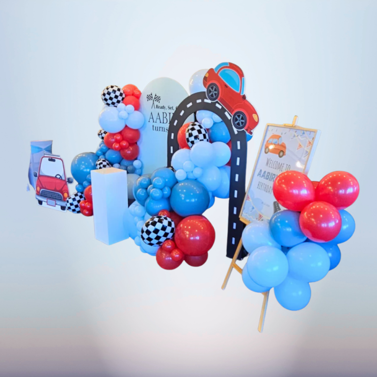 Race Car Birthday Backdrop with Balloon Garland and Road Arch