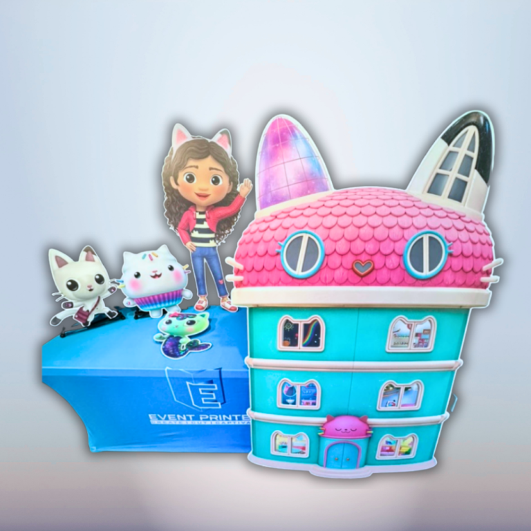 Gabby's Dollhouse Birthday Backdrop with Character Cutouts and Custom Party Decorations