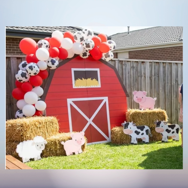 Barnyard Birthday Backdrop with Red Barn, Balloon Garland and Farm Animal Decorations