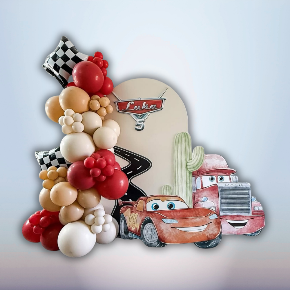Cars Birthday Backdrop with Lightning McQueen Theme, Balloon Garland and Party Decorations