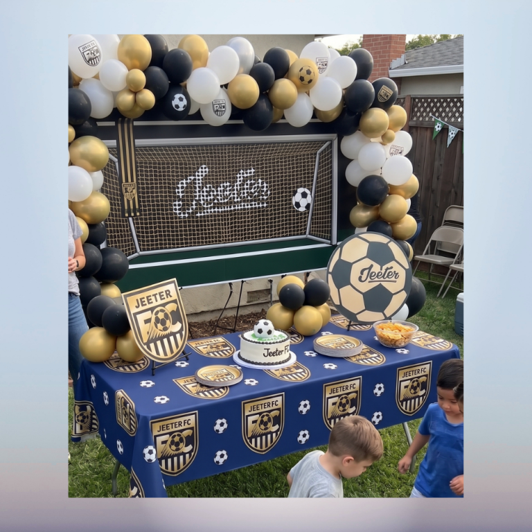 Soccer Birthday Backdrop with Goal Post, Balloon Garland and Custom Team Decorations