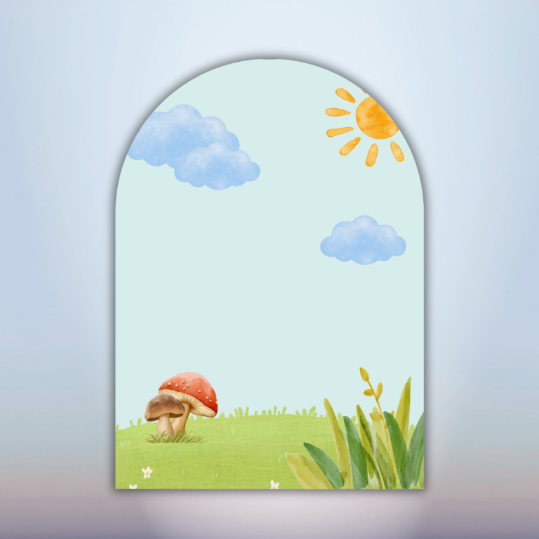 Woodland Birthday Arch Backdrop with Mushrooms and Watercolor Landscape