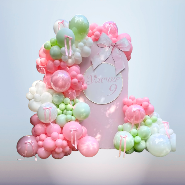 Pink and Sage Balloon Arch Birthday Backdrop with Custom Arch Panel