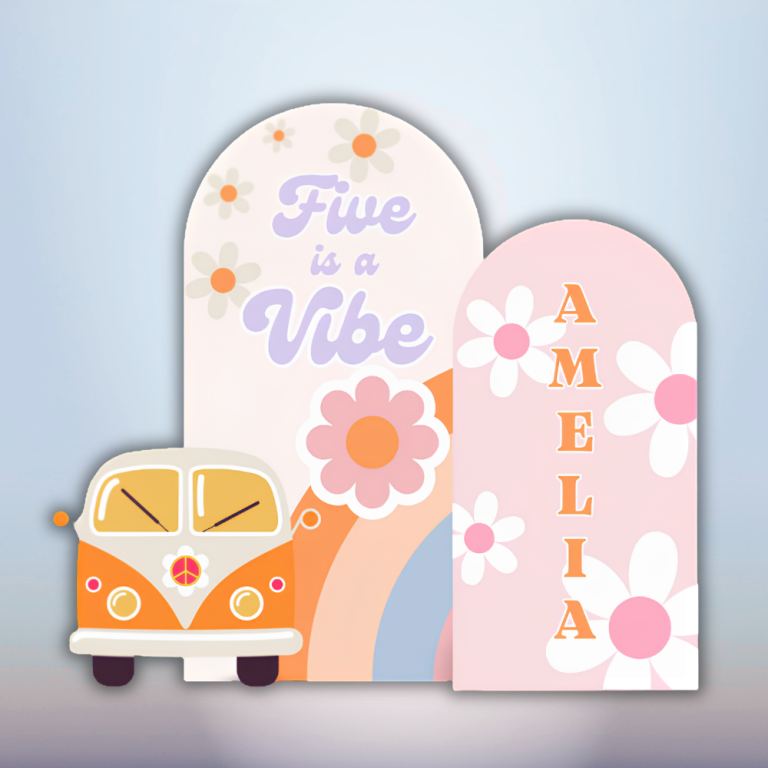 Groovy Birthday Backdrop with Retro Daisy Flowers and VW Bus