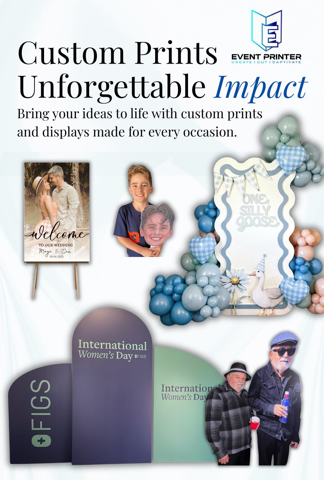 The Event Printer homepage featuring custom event displays including life-size cutouts, photo booth frames, welcome signs, branded business displays, baby shower décor, wedding signage, and corporate event graphics for every occasion.