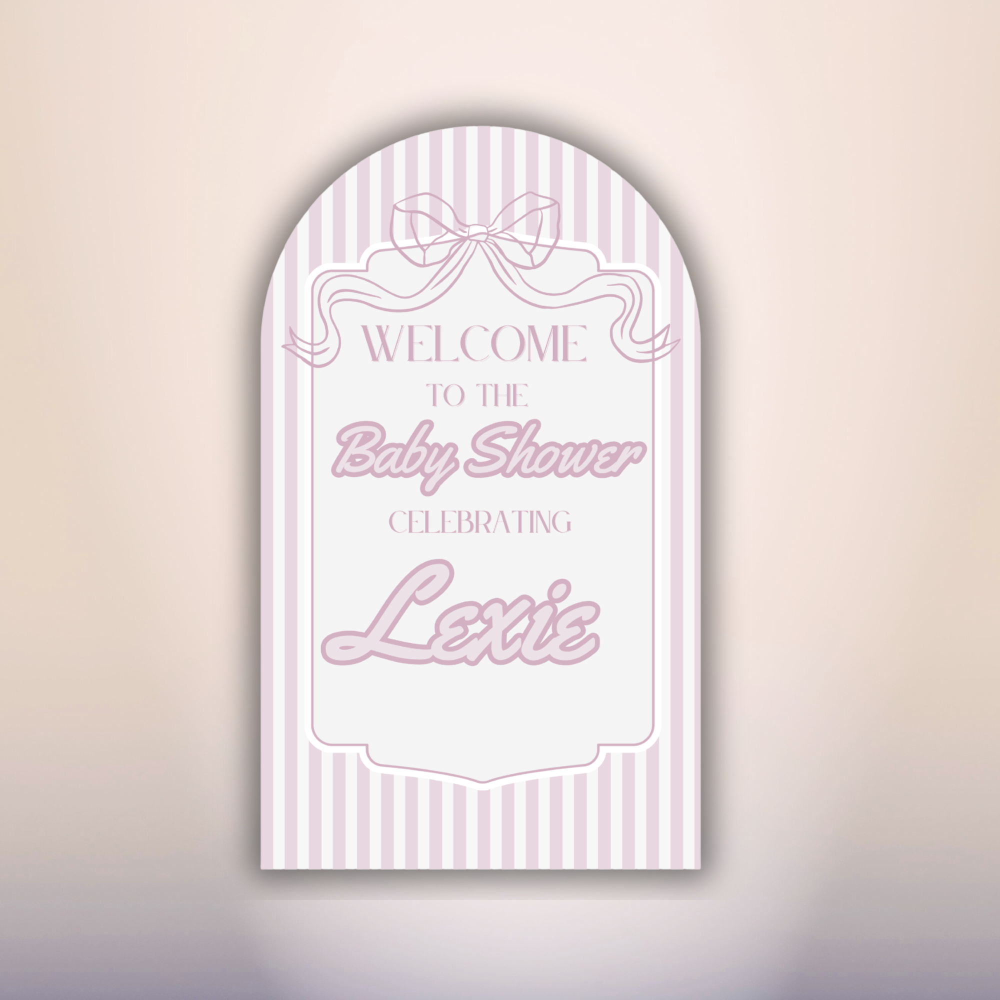 Pink bow baby shower welcome sign with striped arch design personalized for Lexie
