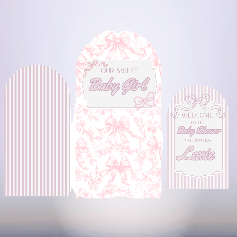 Pink bow baby shower backdrop panels with coordinating personalized welcome sign