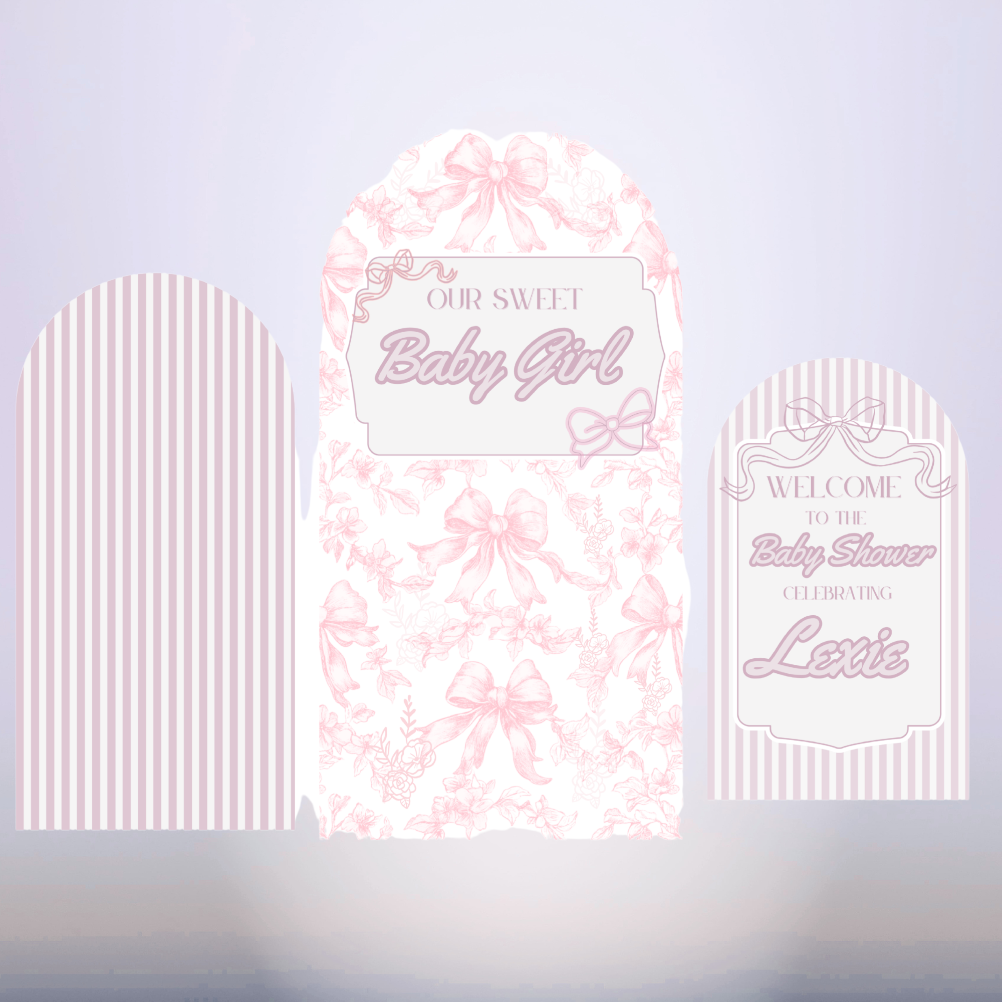 Pink bow baby shower backdrop panels with coordinating personalized welcome sign