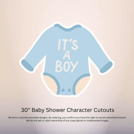 30-inch blue baby bodysuit cutout with It’s a Boy design for a baby shower