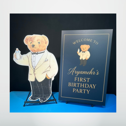 Custom first birthday welcome sign with elegant teddy bear theme and matching free-standing foam board bear cutout