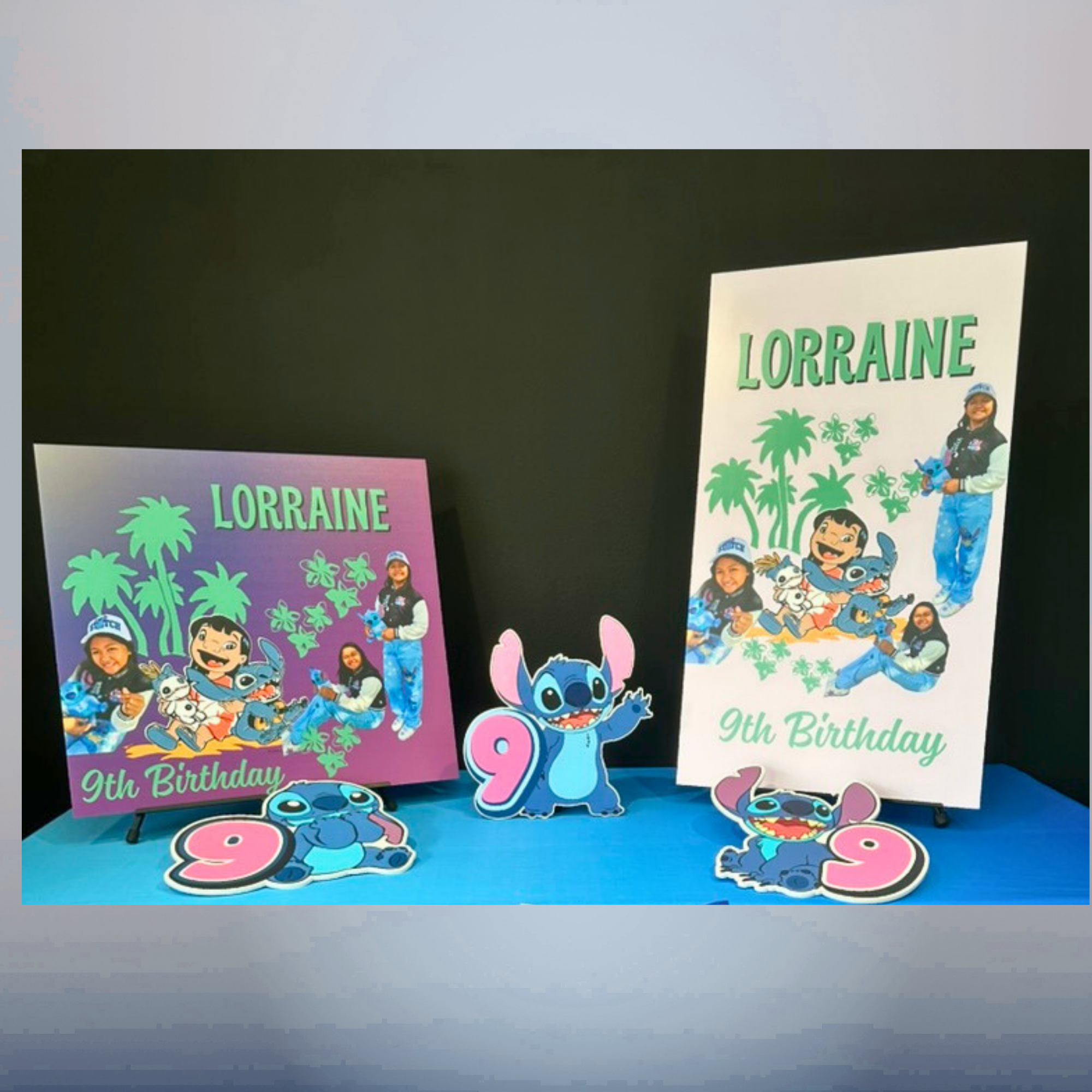 personalized-9th-birthday-party-signs-character-cutouts-oxnard.png Personalized 9th birthday party display with custom photo signs, character cutouts, name Lorraine and matching number 9 decorations