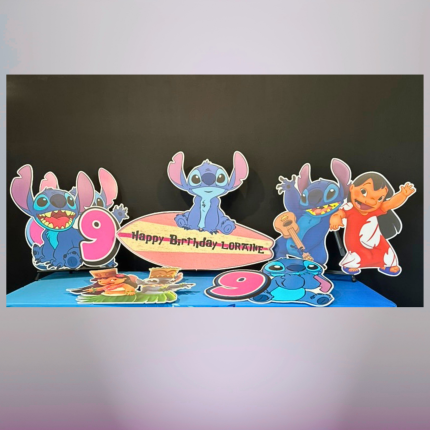 Custom birthday character cutout set with personalized name sign, age number and colorful themed foam board party decorations