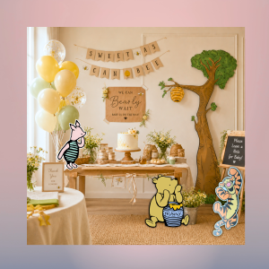 Storybook bear and friends character cutouts displayed with honey themed baby shower decorations