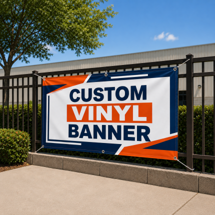 Custom vinyl banner hanging outdoors over a backyard seating area.