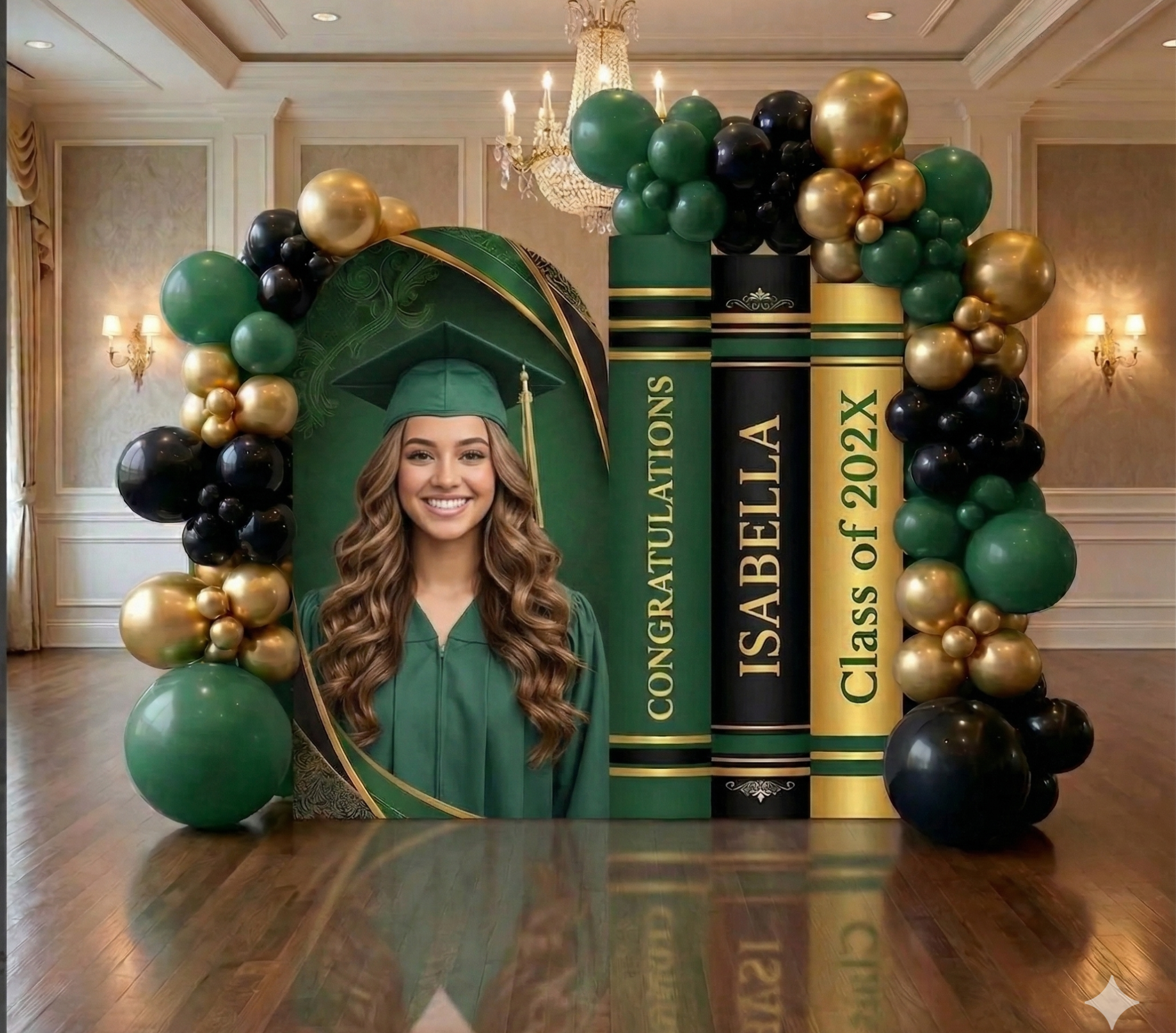 Personalized graduation backdrop with graduate portrait and custom book-shaped Class of 2027 panels