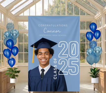 Personalized Class of 202X graduation banner with a graduate portrait, name Connor and blue balloon decorations