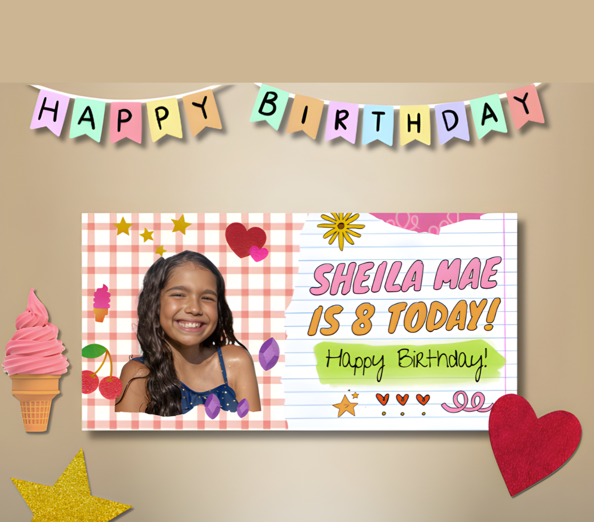 Personalized eighth birthday banner featuring a child’s photo, name and colorful school-inspired graphics