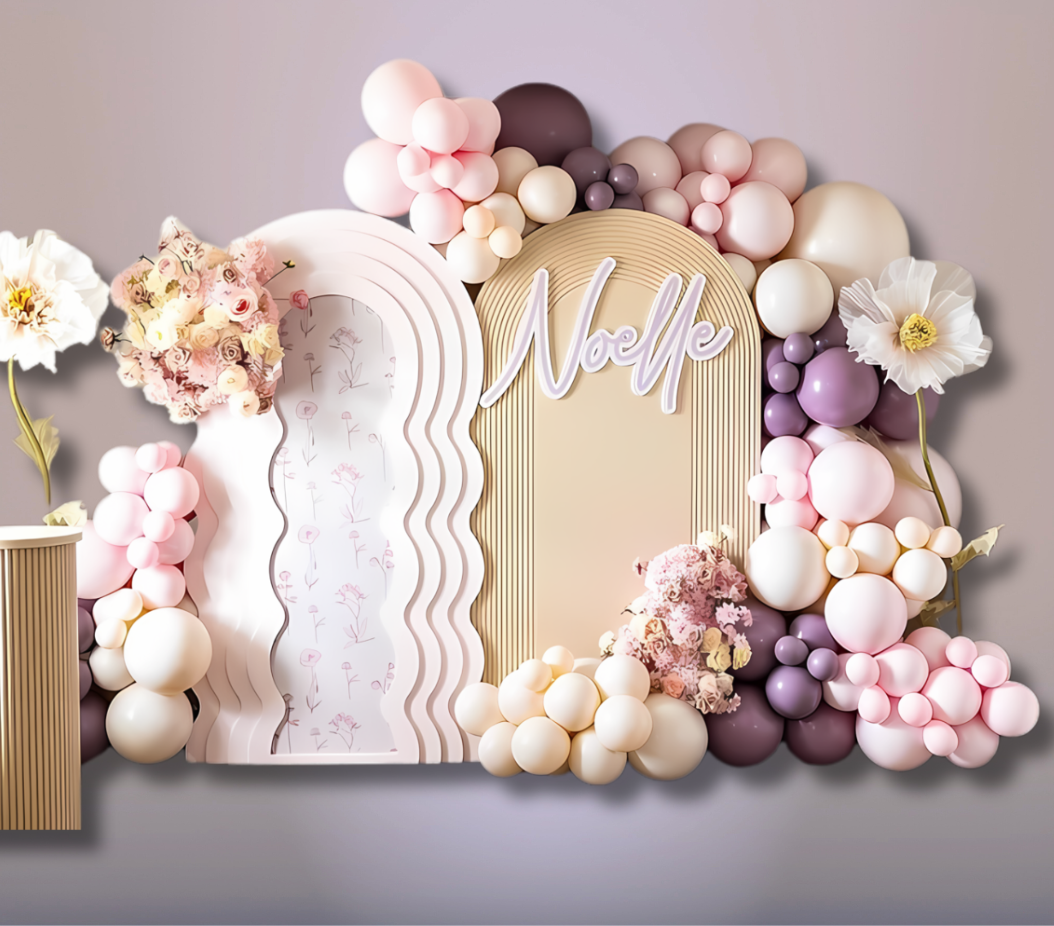 Personalized Noelle event backdrop with layered arched panels, pastel balloons and floral decorations