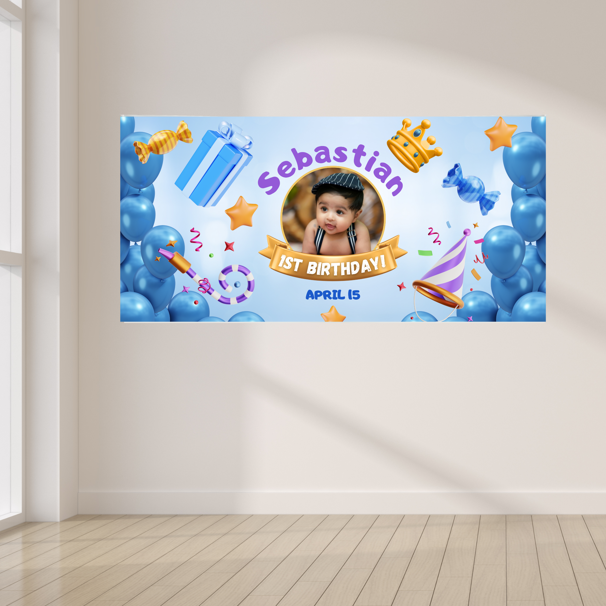 a-custom-blue-first-birthday-photo-banner Custom blue first birthday banner with baby photo, personalized name, balloons, crown and party decorations