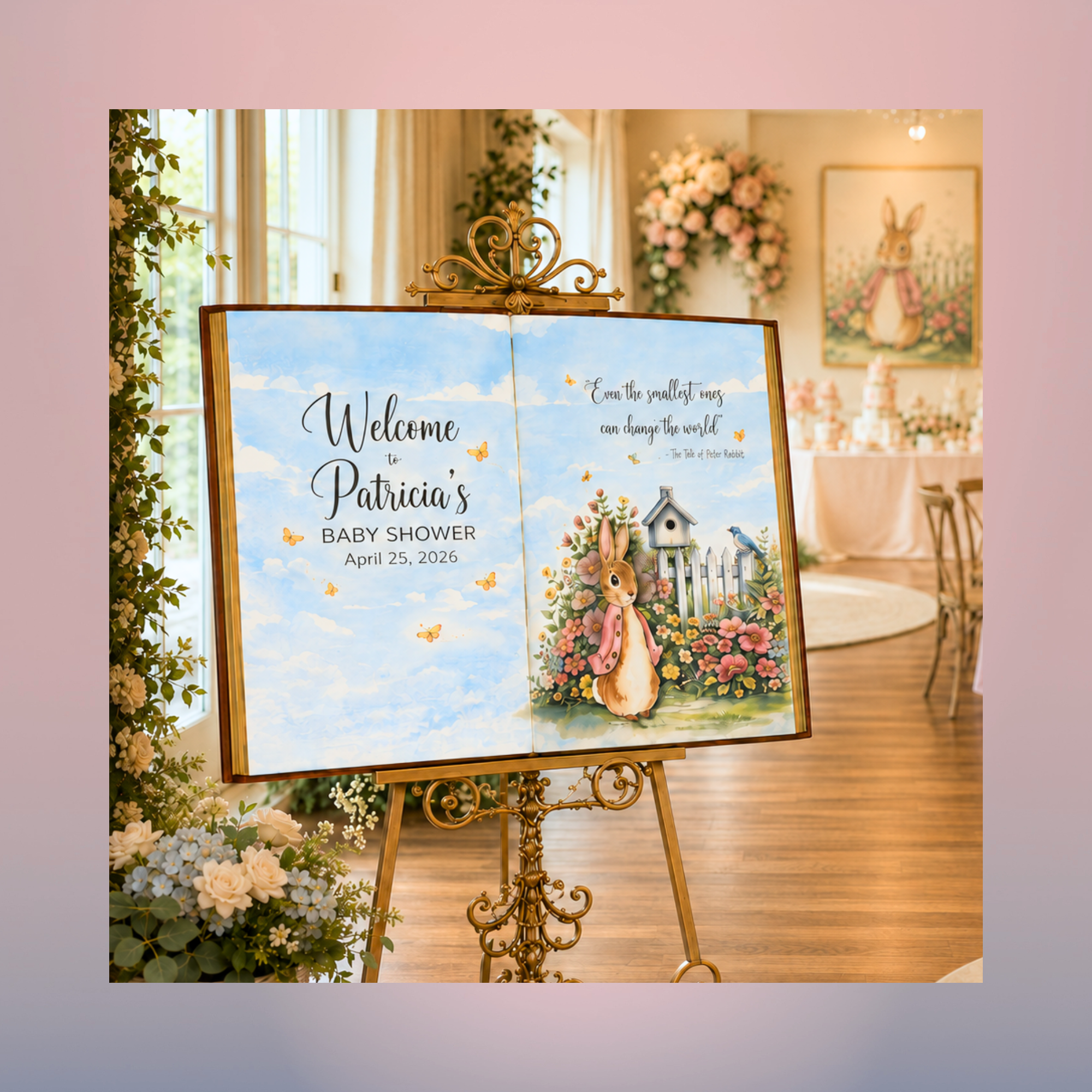 baby shower welcome signs_oxnard Storybook bunny baby shower welcome sign personalized with name and date on decorative book-shaped display