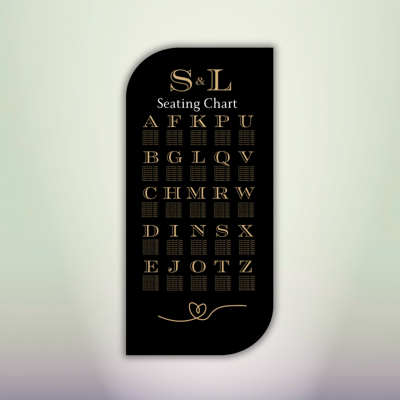 Black and gold custom wedding seating chart with curved corners, personalized initials and gold guest list