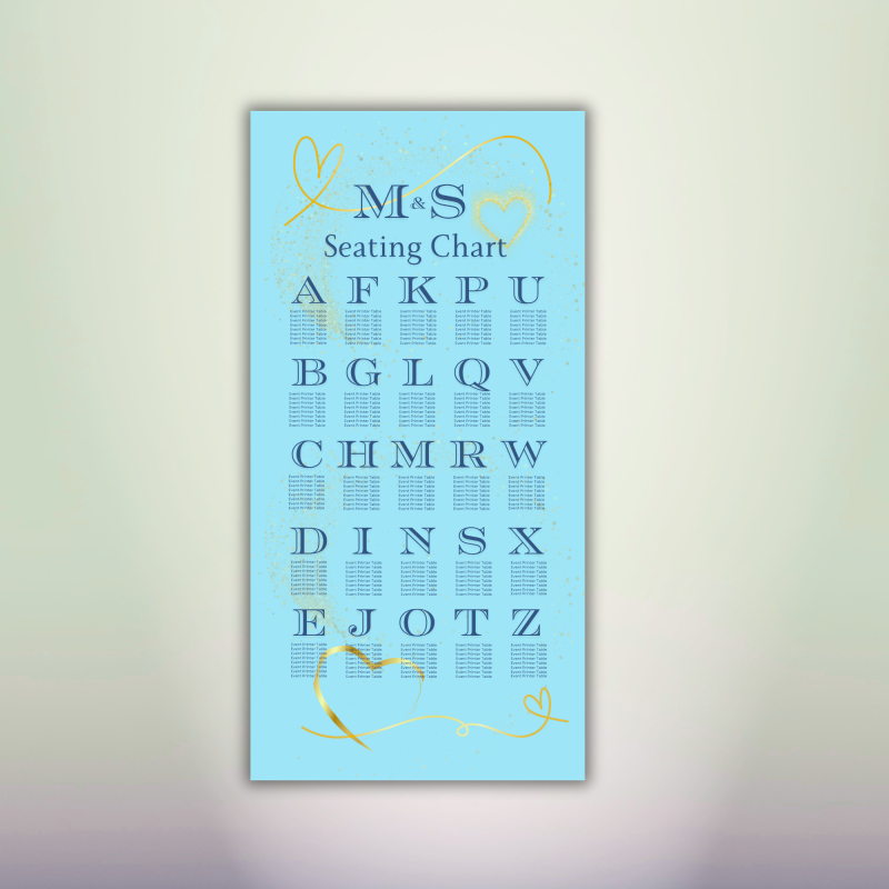 Light blue wedding seating chart with navy lettering, gold hearts and personalized couple initials