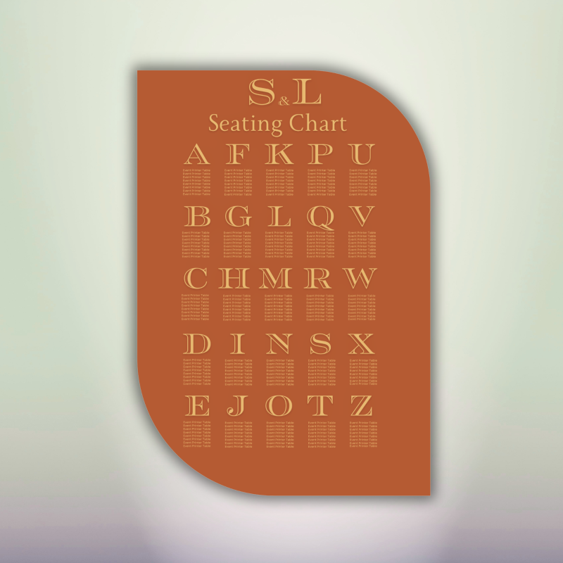 Burnt orange custom wedding seating chart with large curved edge, gold lettering and alphabetical guest list