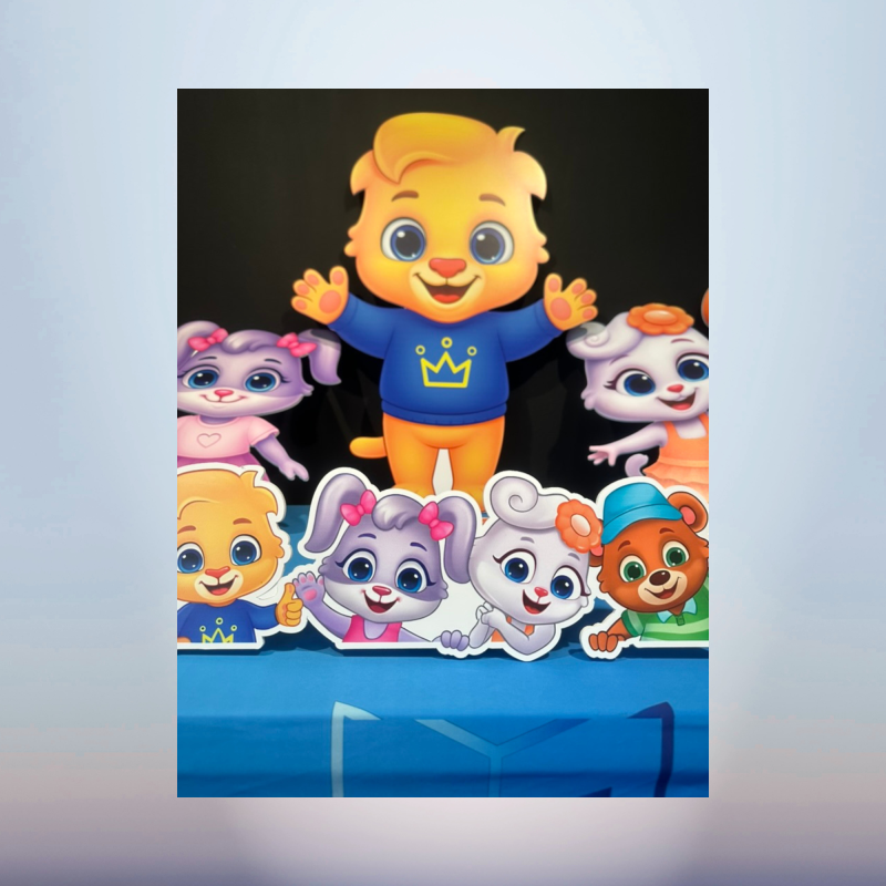 Colorful cartoon animal friend character cutouts for baby shower decorations