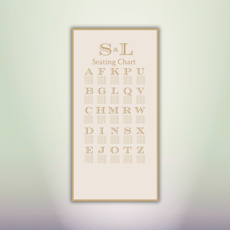 Cream and gold custom wedding seating chart on foam board with gold border and alphabetical guest list