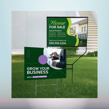 Custom aluminum composite real estate sign mounted in a metal frame with promotional yard sign