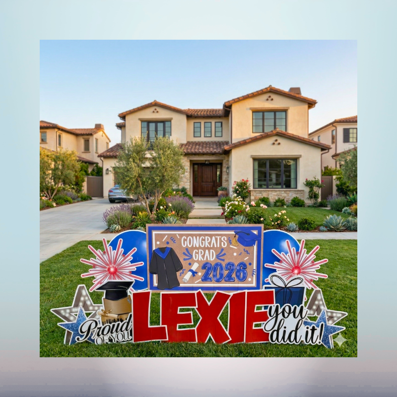 Custom graduation yard display with personalized name and Class of 2026 decorations