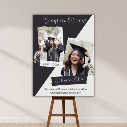 Custom graduation photo board on easel personalized with graduate photos, name, class year, degree and university