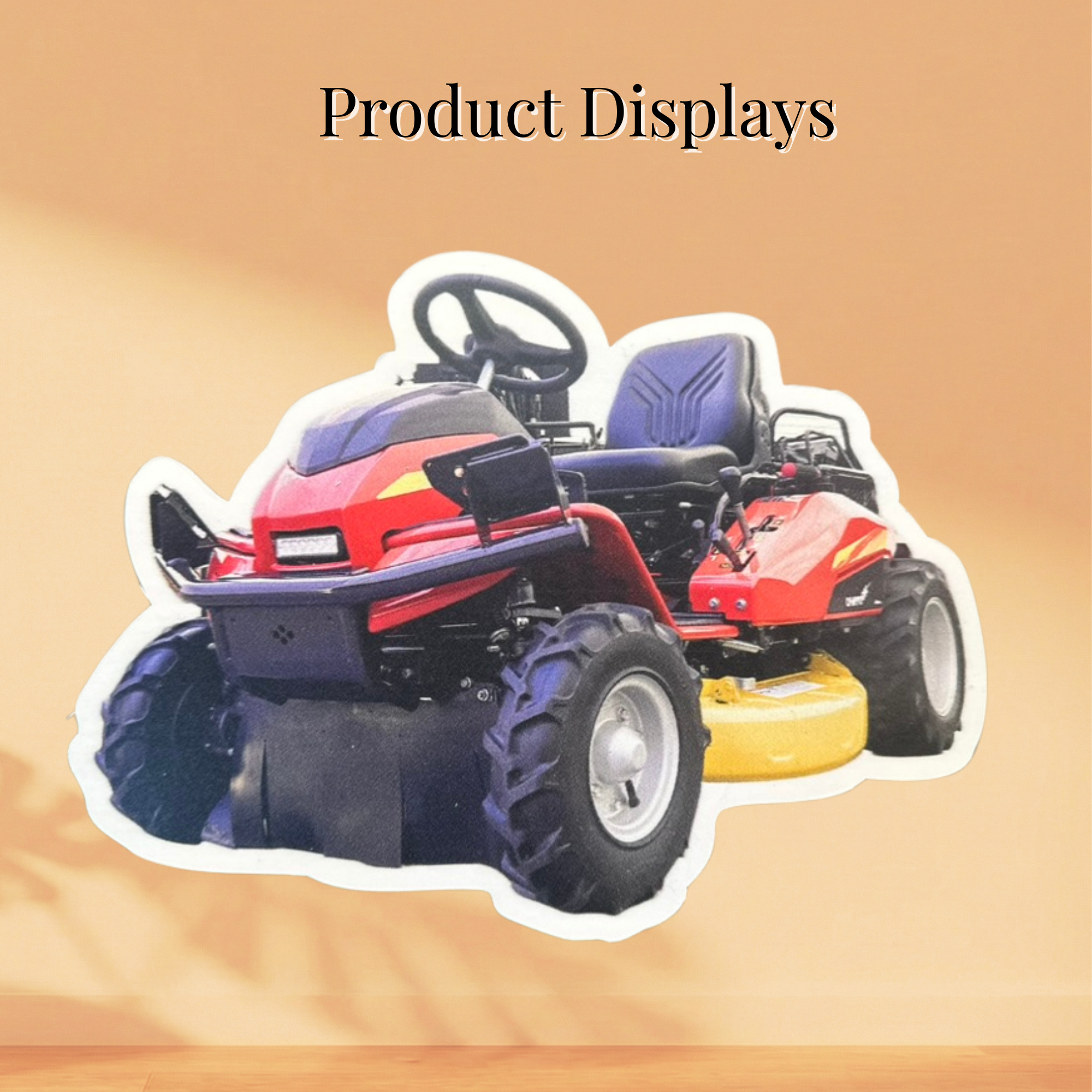 Large die-cut foam board product display shaped like a red riding lawn mower