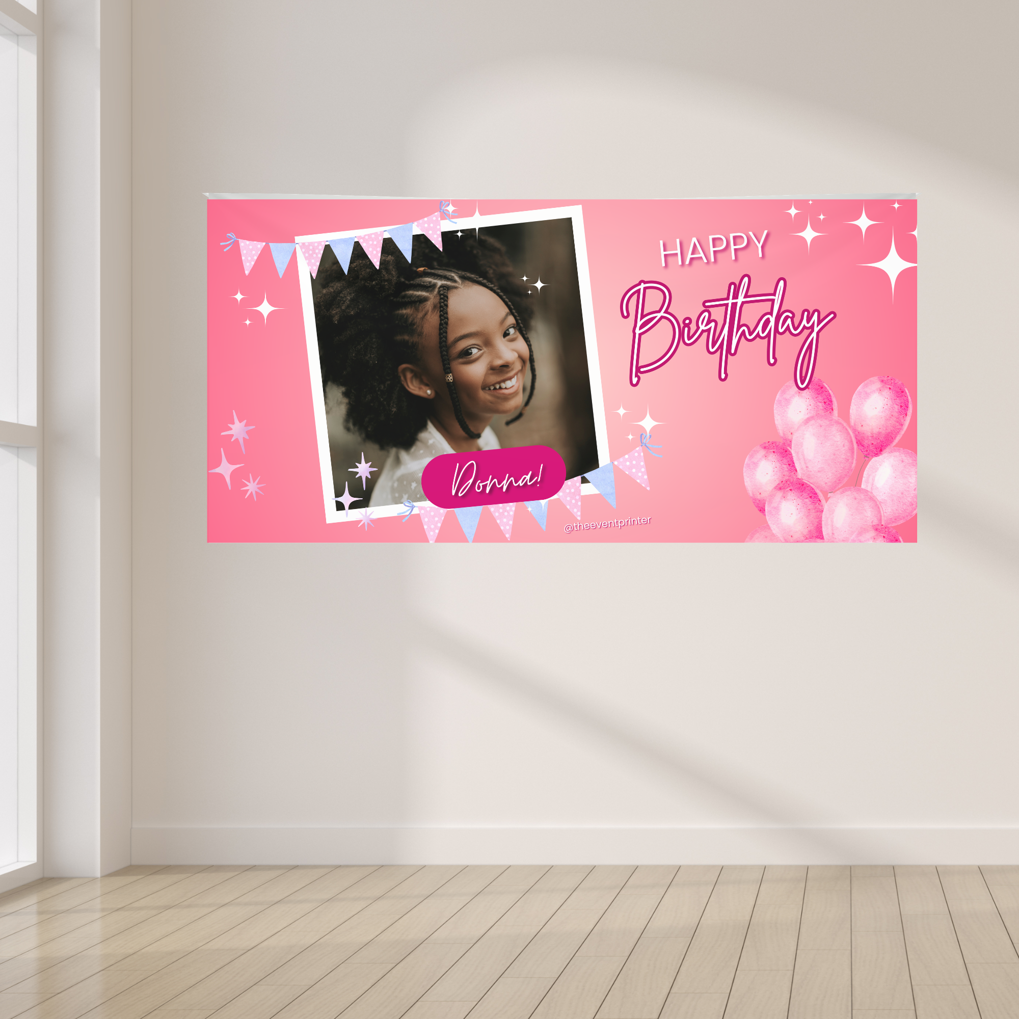 custom-pink-4x8-kids-photo-birthday-banner Custom pink 4 x 8 kids birthday banner featuring a personalized photo, name and balloon design