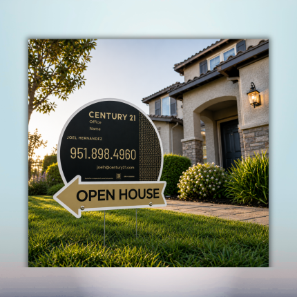 Black and gold custom real estate open house yard sign with directional arrow
