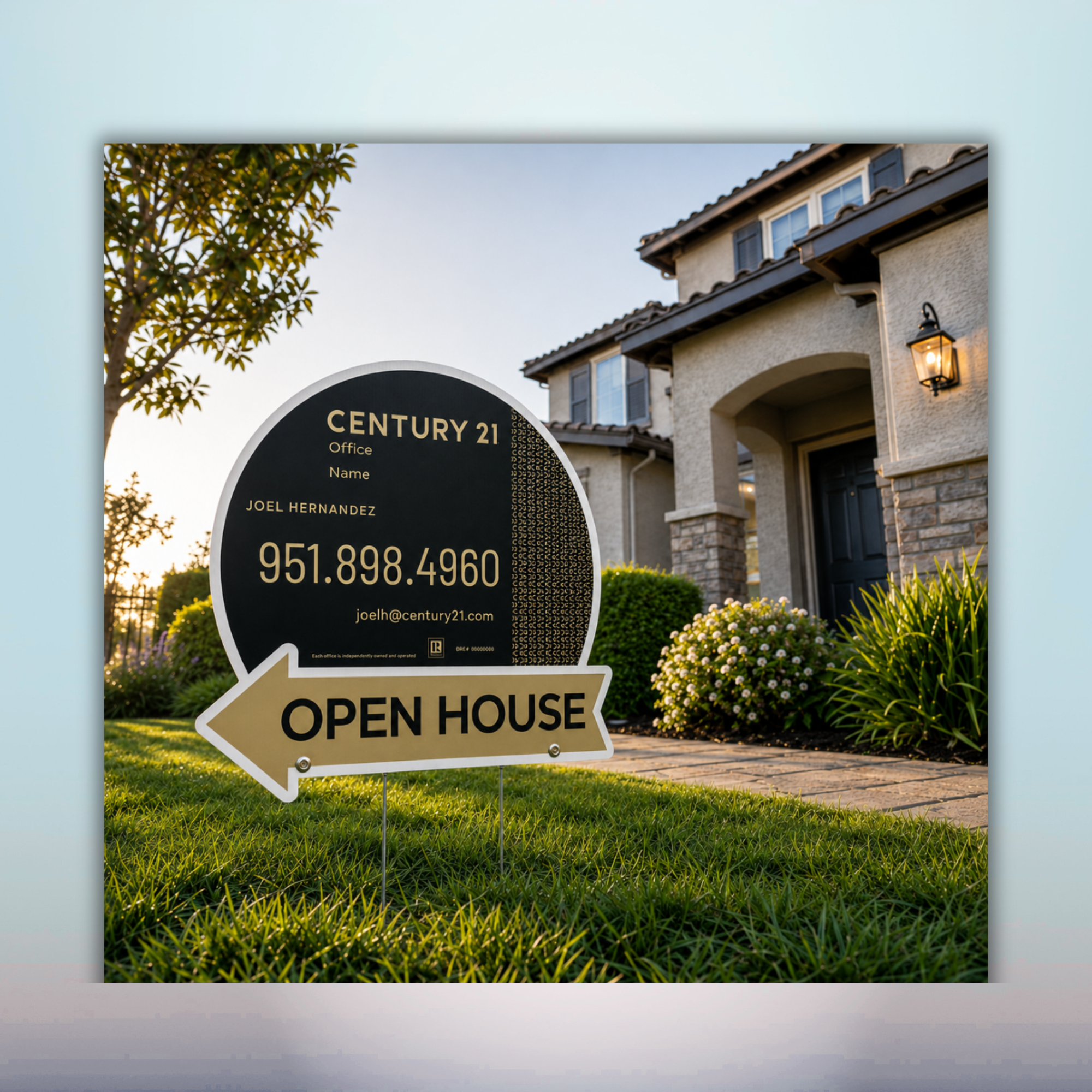 Custom Black and Gold Real Estate Yard Sign Black and gold custom real estate open house yard sign with directional arrow
