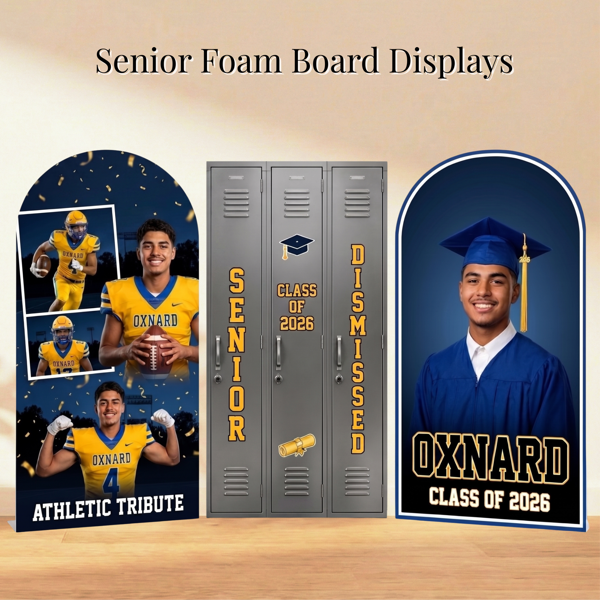 Three custom senior displays featuring an Oxnard football player, school lockers and a graduation portrait