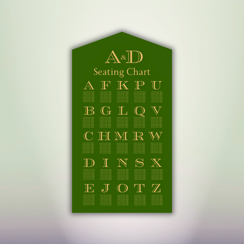 Dark green custom-shaped wedding seating chart with pointed top, gold lettering and alphabetical guest assignments