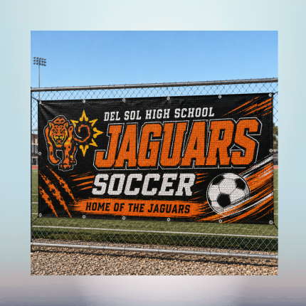 Custom Del Sol High School Jaguars soccer fence banner in black and orange displayed at an athletic field in Oxnard