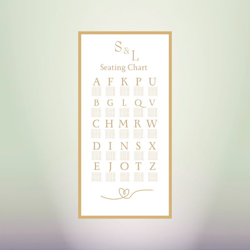 Minimal white and gold wedding seating chart with thin gold border, couple initials and heart line design